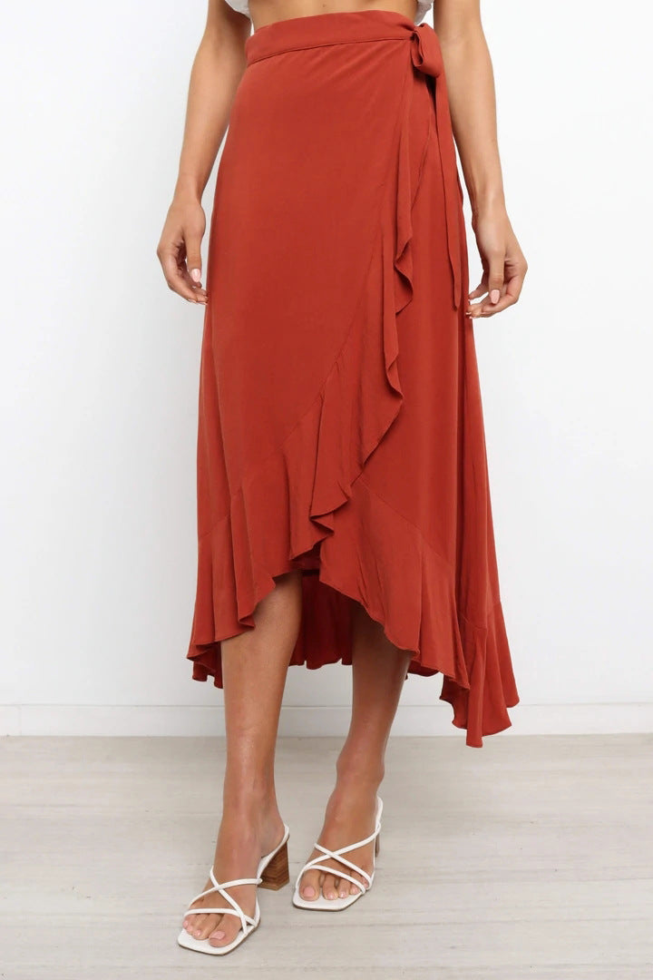 Ruffle Front Tie Waist Wrap Midi Skirt - Red - 1