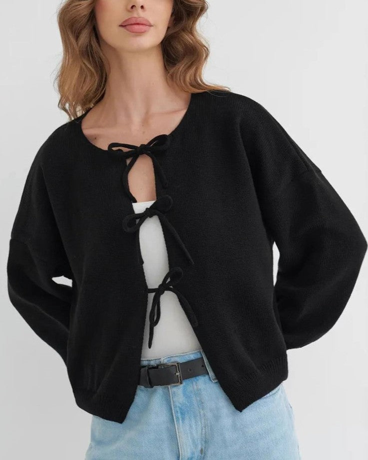 Cropped Bow Tie Front Knit Cardigan - Black