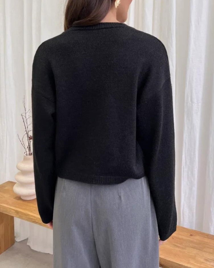 Cropped Bow Tie Front Knit Cardigan - Black - 1