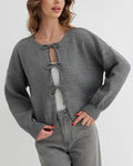Cropped Bow Tie Front Knit Cardigan - Grey