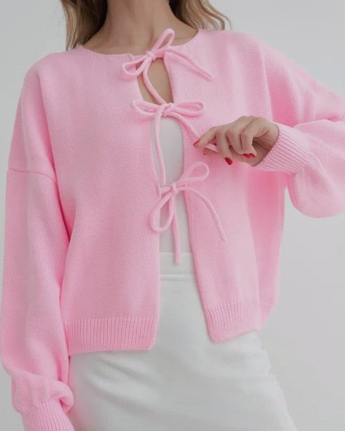 Cropped Bow Tie Front Knit Cardigan - Pink