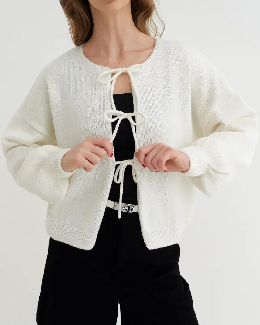 Cropped Bow Tie Front Knit Cardigan - White