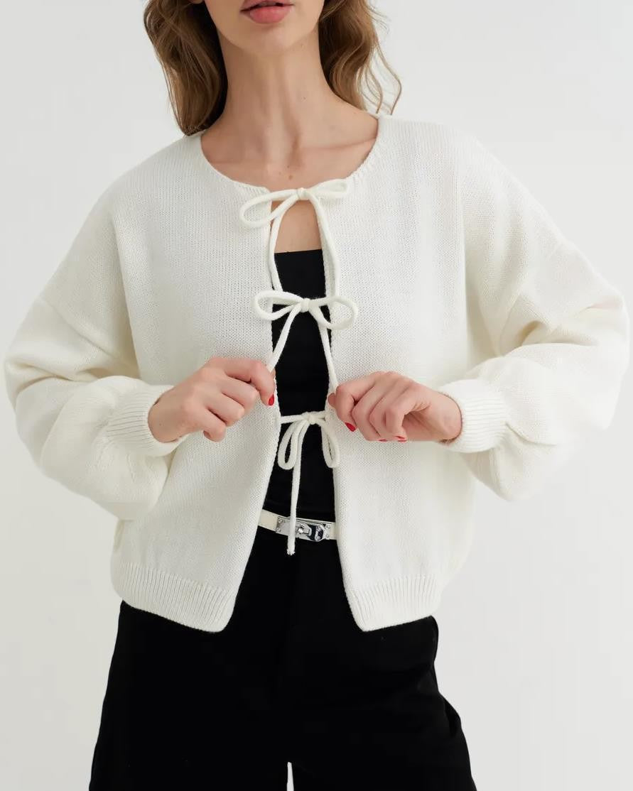 Cropped Bow Tie Front Knit Cardigan - White - 1