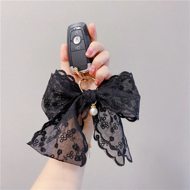 Lace Bow Bag Charm Keychain - Black