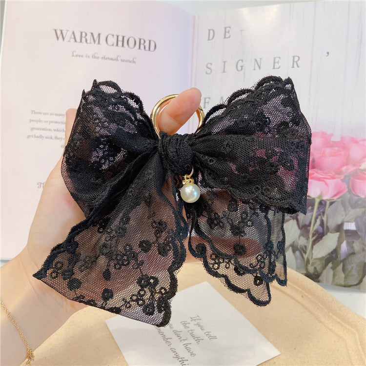 Lace Bow Bag Charm Keychain - Black - 1