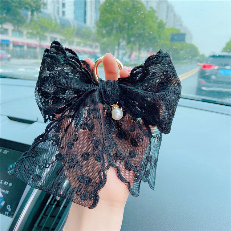 Lace Bow Bag Charm Keychain - Black - 3