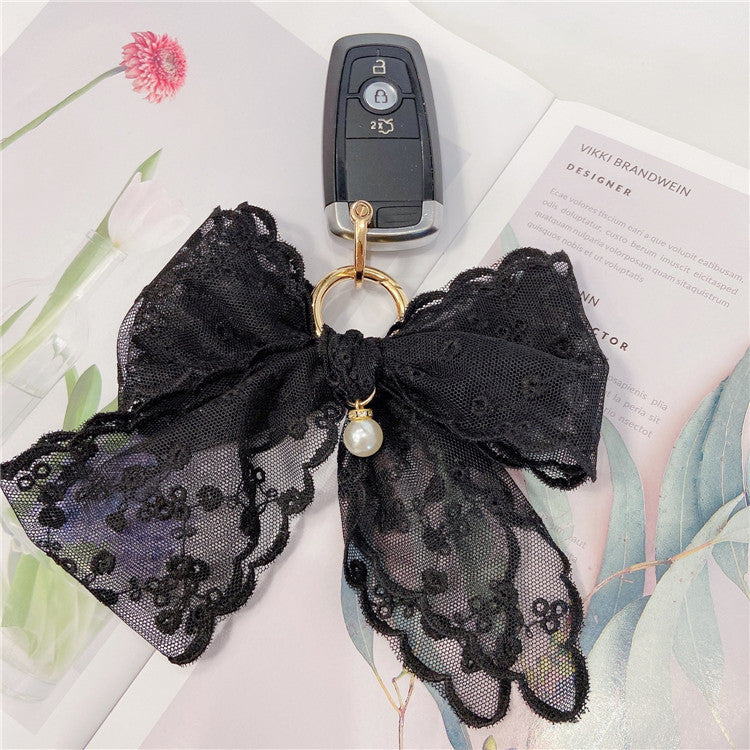 Lace Bow Bag Charm Keychain - Black - 4