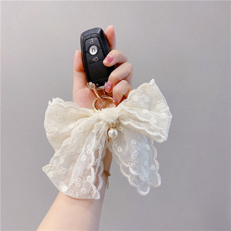 Lace Bow Bag Charm Keychain - White
