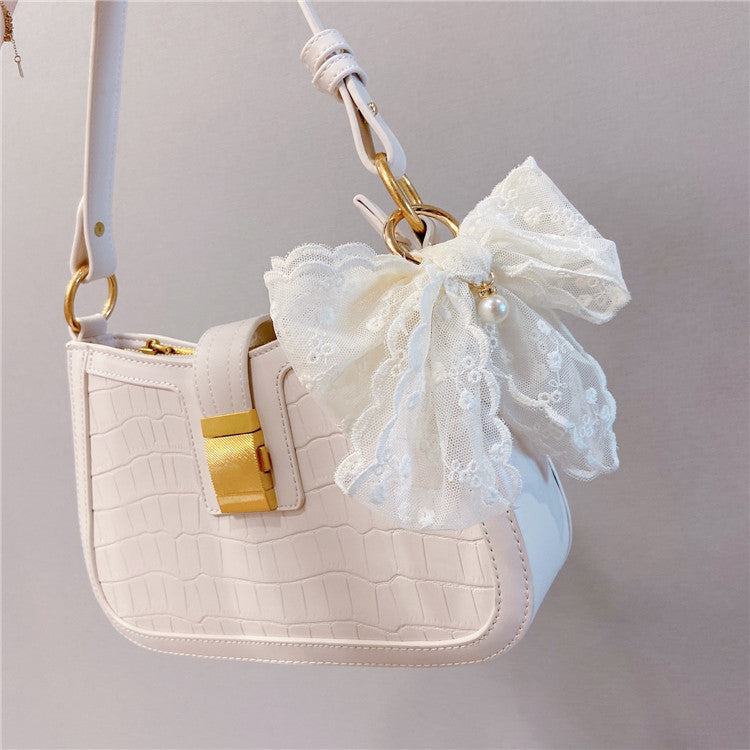 Lace Bow Bag Charm Keychain - White - 1