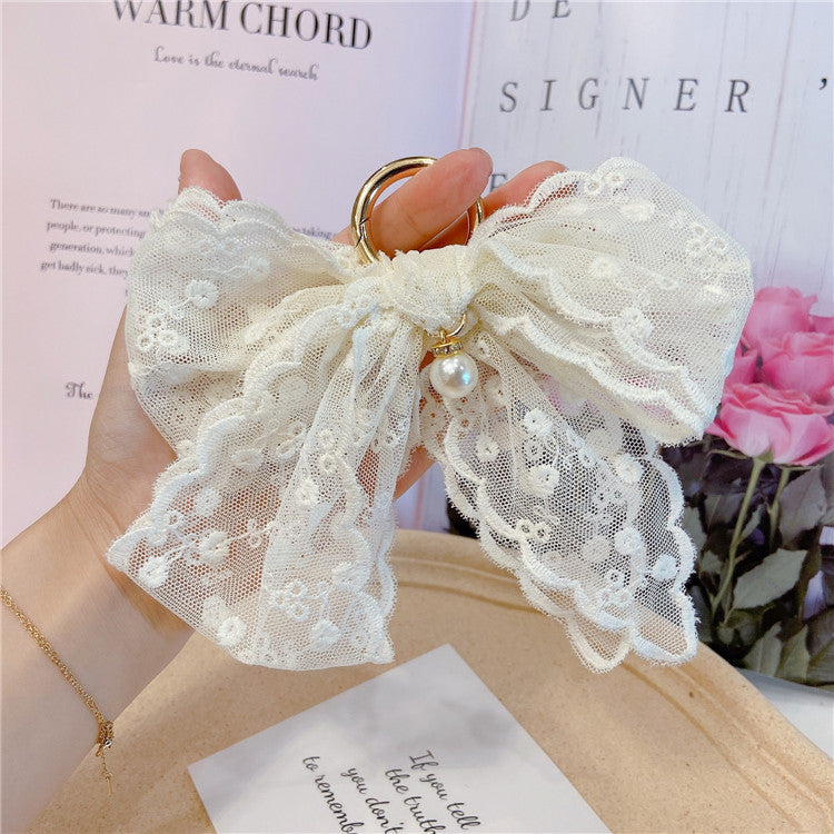 Lace Bow Bag Charm Keychain - White - 2