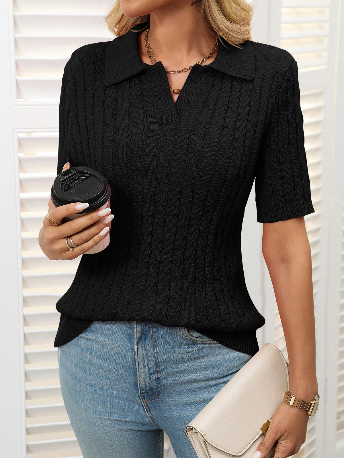 Cable Knit Short Sleeve Polo Sweater - Black