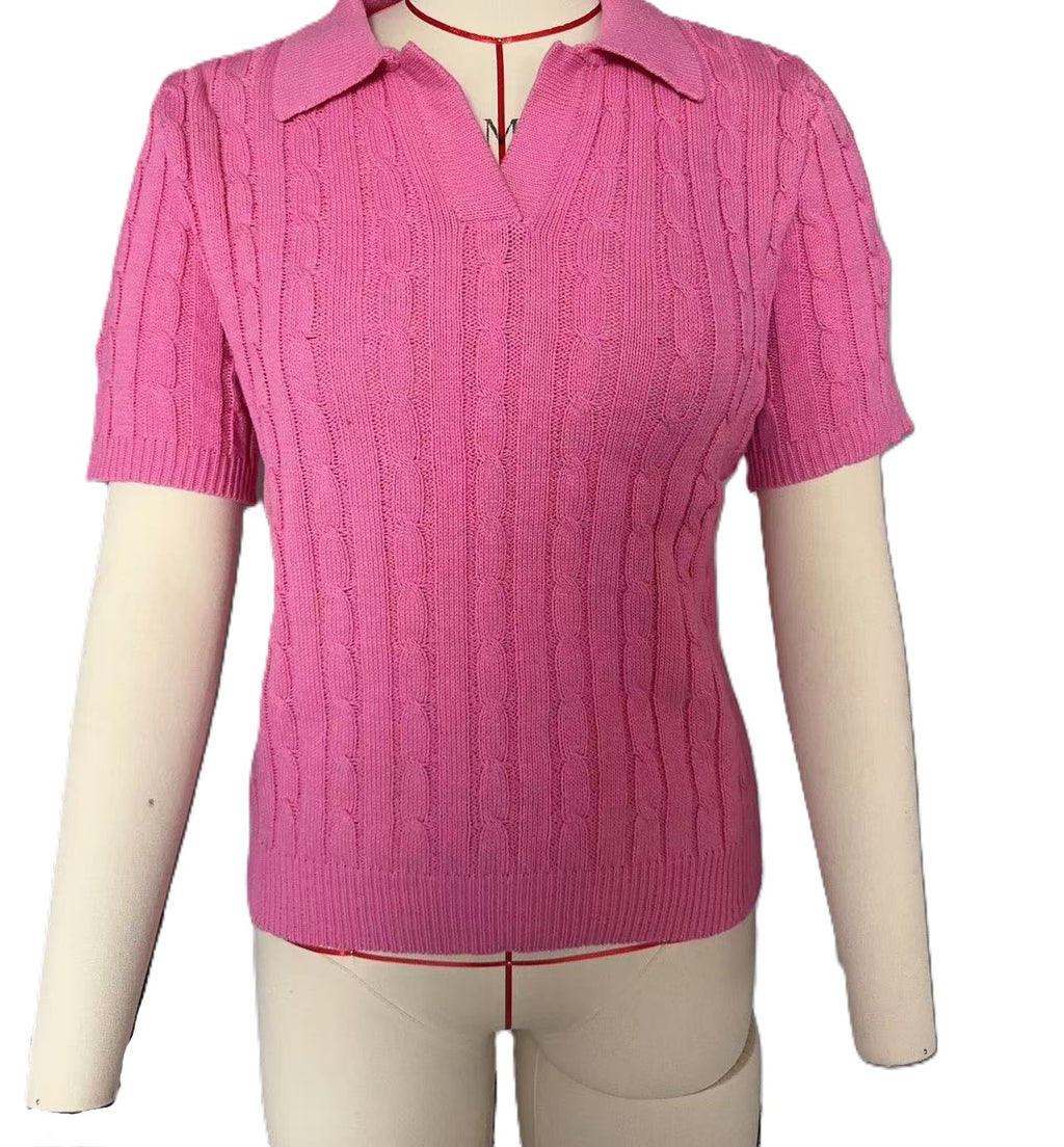 Cable Knit Short Sleeve Polo Sweater - Rosered