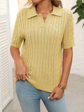 Cable Knit Short Sleeve Polo Sweater - Yellow