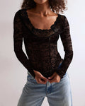 Sheer Lace Long Sleeve Blouse with Scalloped Neckline - Black