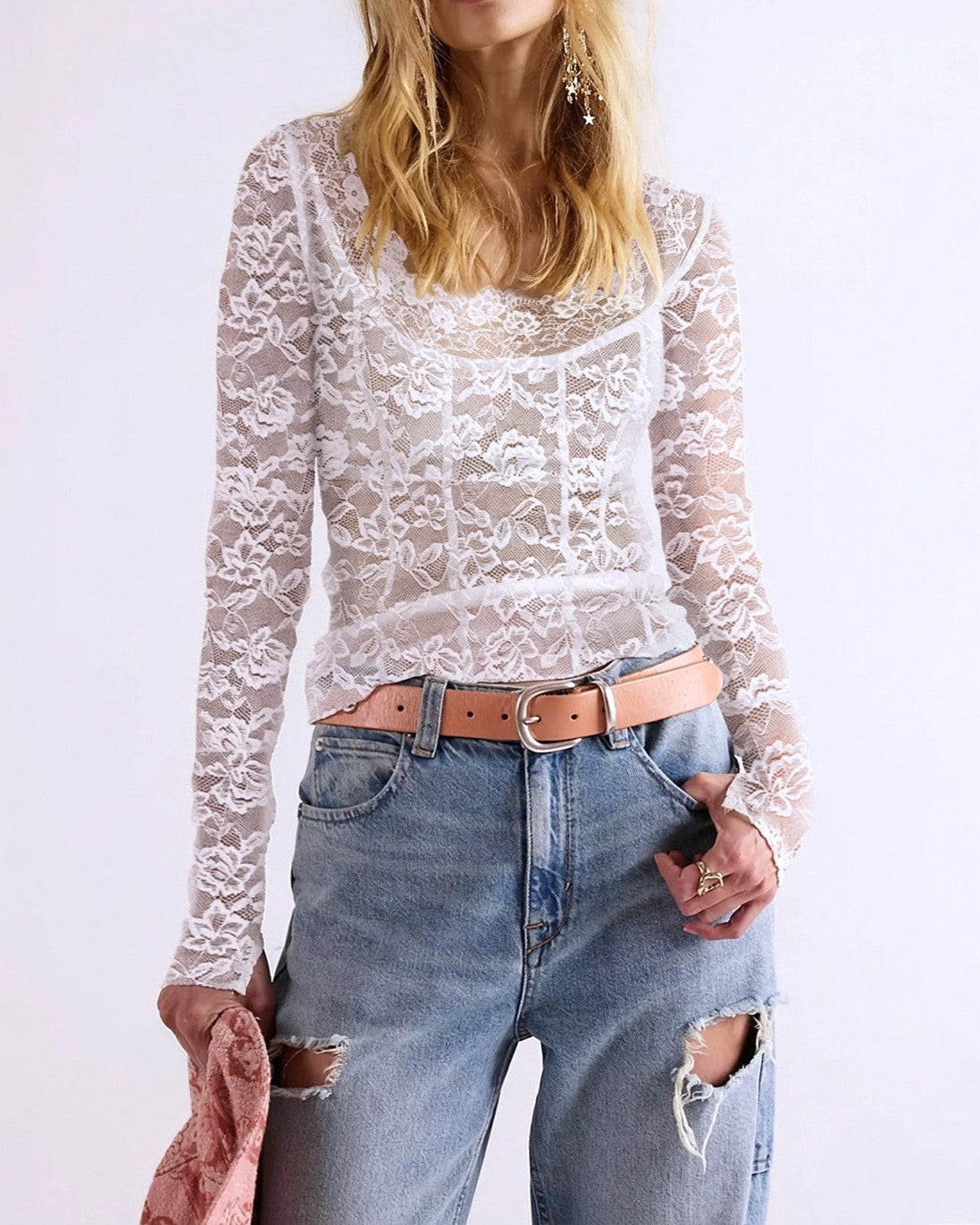 Sheer Lace Long Sleeve Blouse with Scalloped Neckline - White