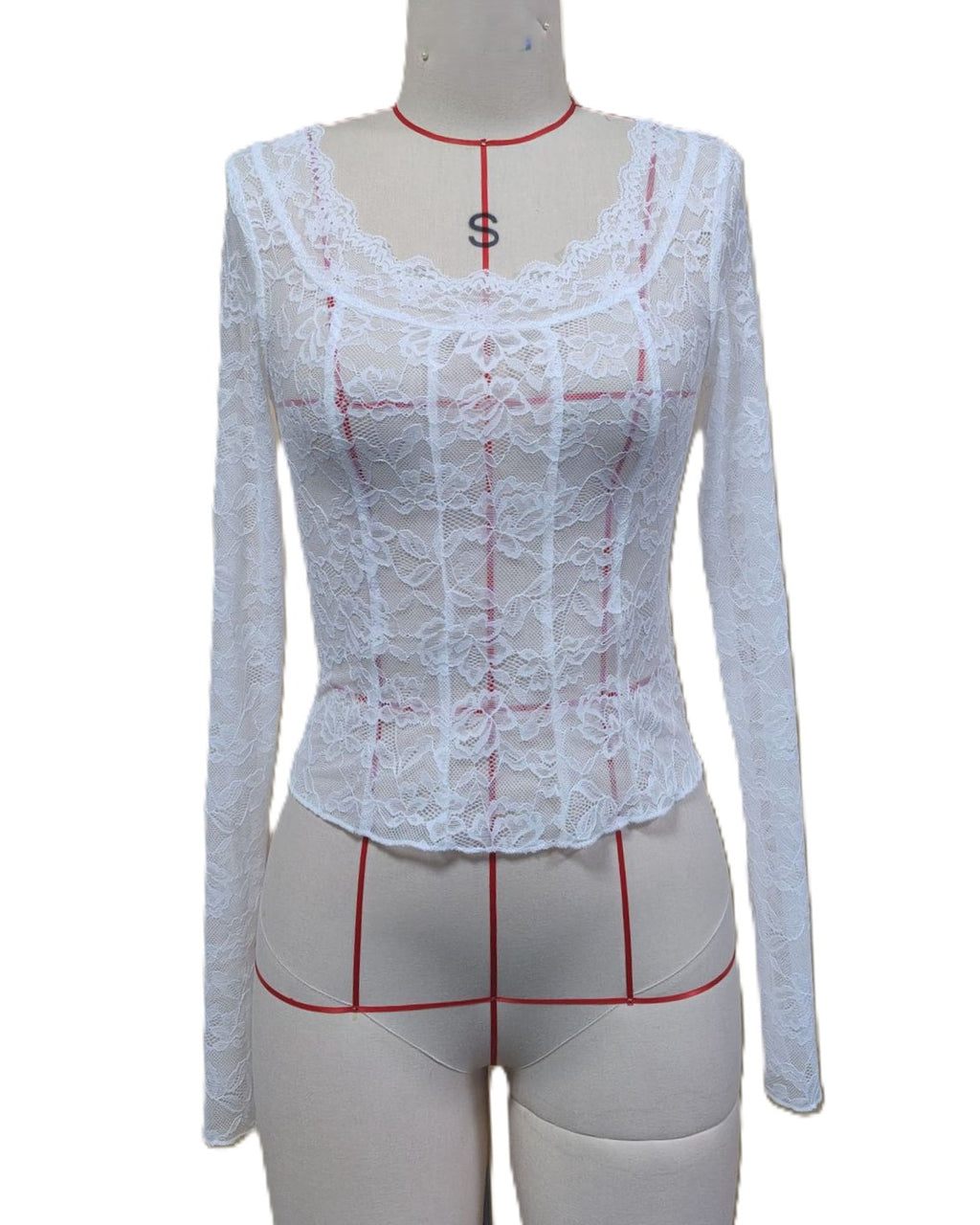 Sheer Lace Long Sleeve Blouse with Scalloped Neckline - White - 3