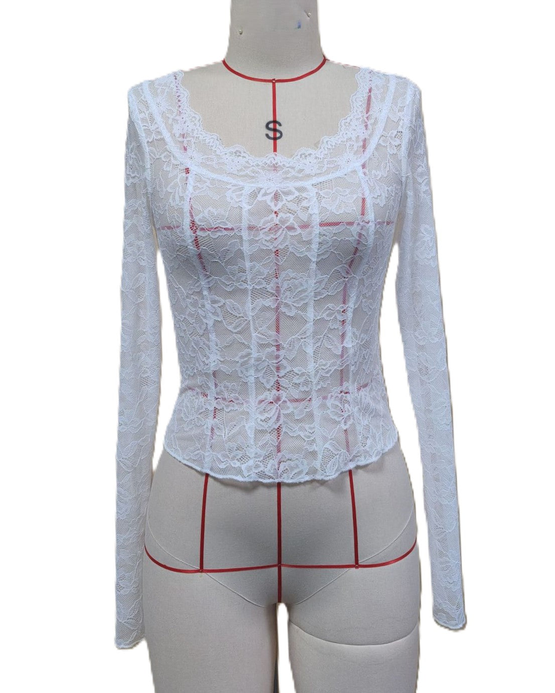 Sheer Lace Long Sleeve Blouse with Scalloped Neckline - White - 3