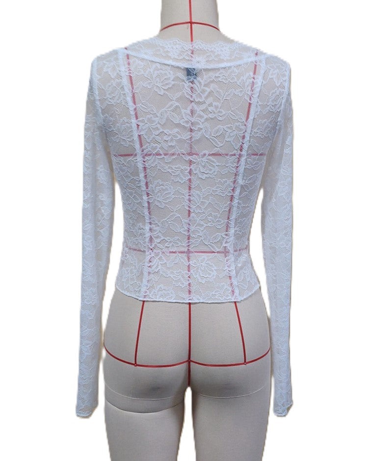 Sheer Lace Long Sleeve Blouse with Scalloped Neckline - White - 4