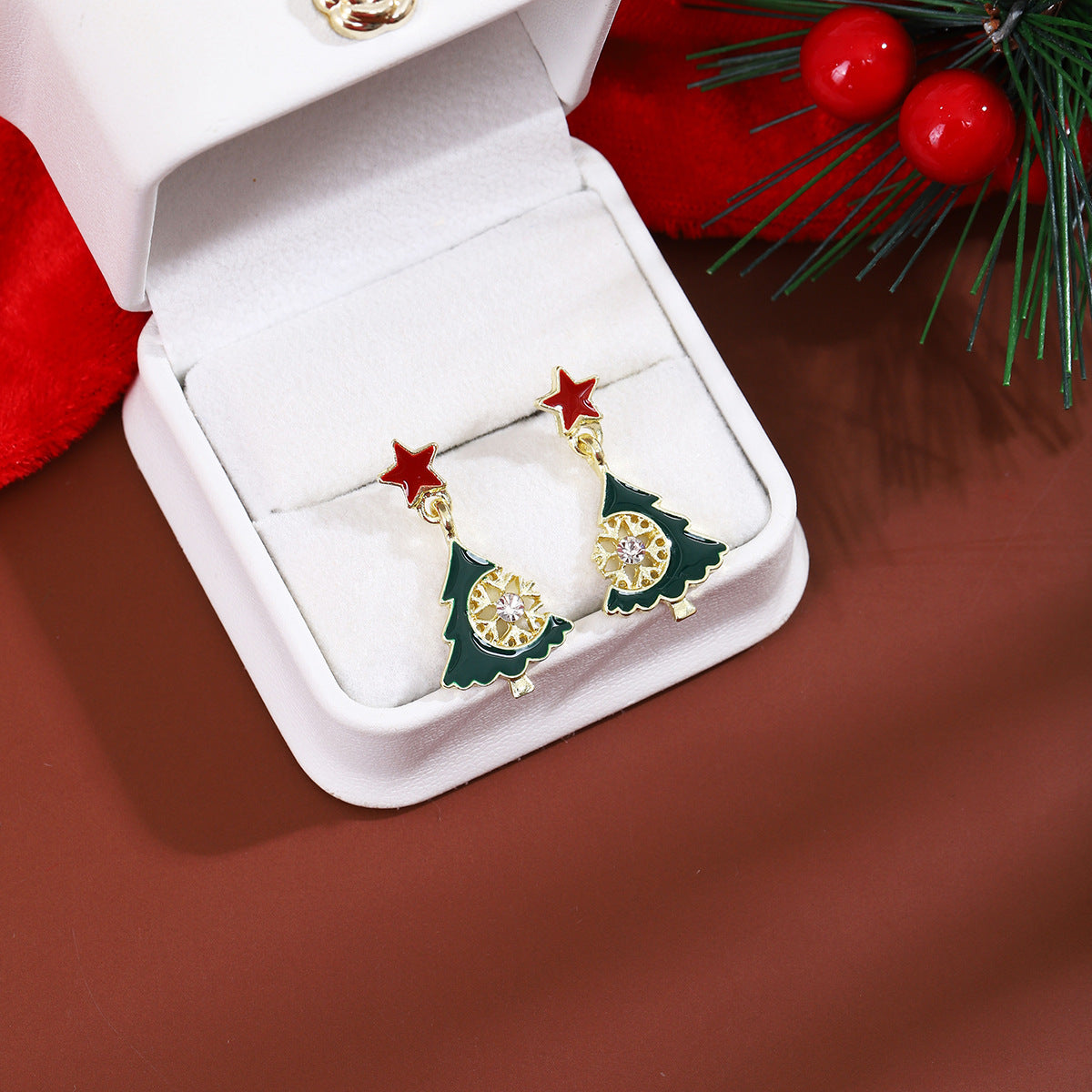 Enamel Tree Snowflake Star Drop Earrings - Green - 1