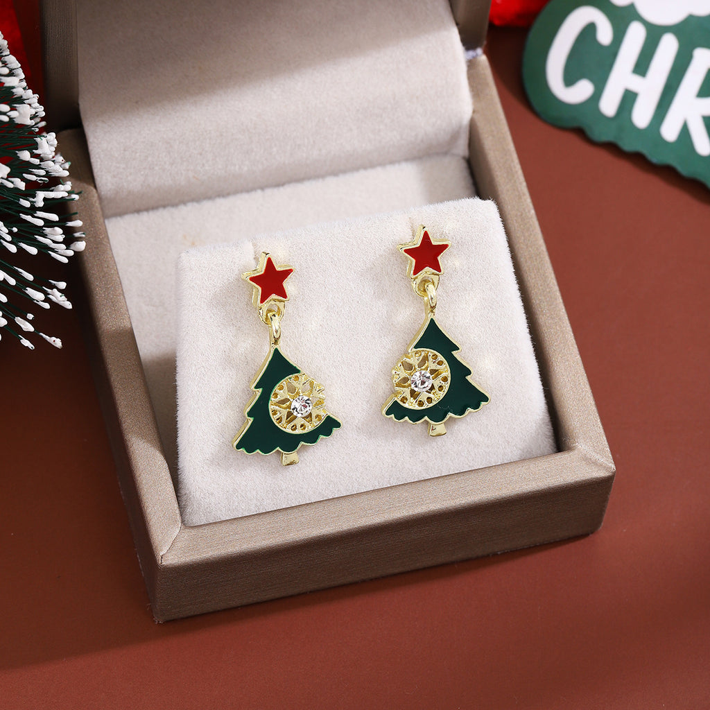Enamel Tree Snowflake Star Drop Earrings - Green - 2