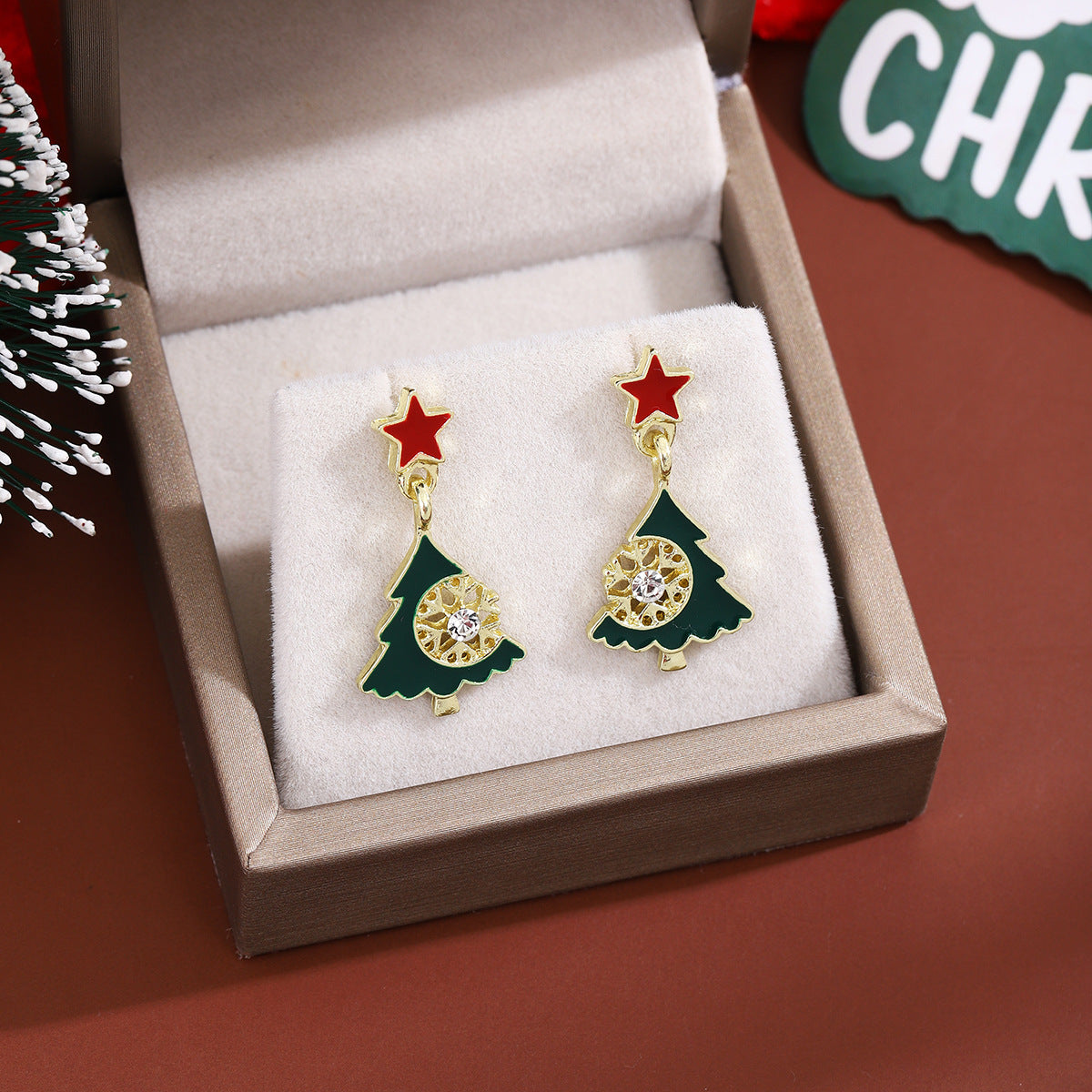 Enamel Tree Snowflake Star Drop Earrings - Green - 2