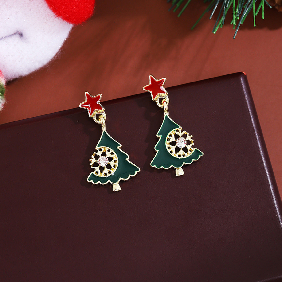 Enamel Tree Snowflake Star Drop Earrings - Green - 3