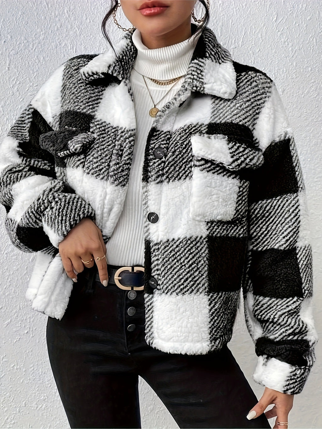 Buffalo Check Plush Button Front Coat - Black