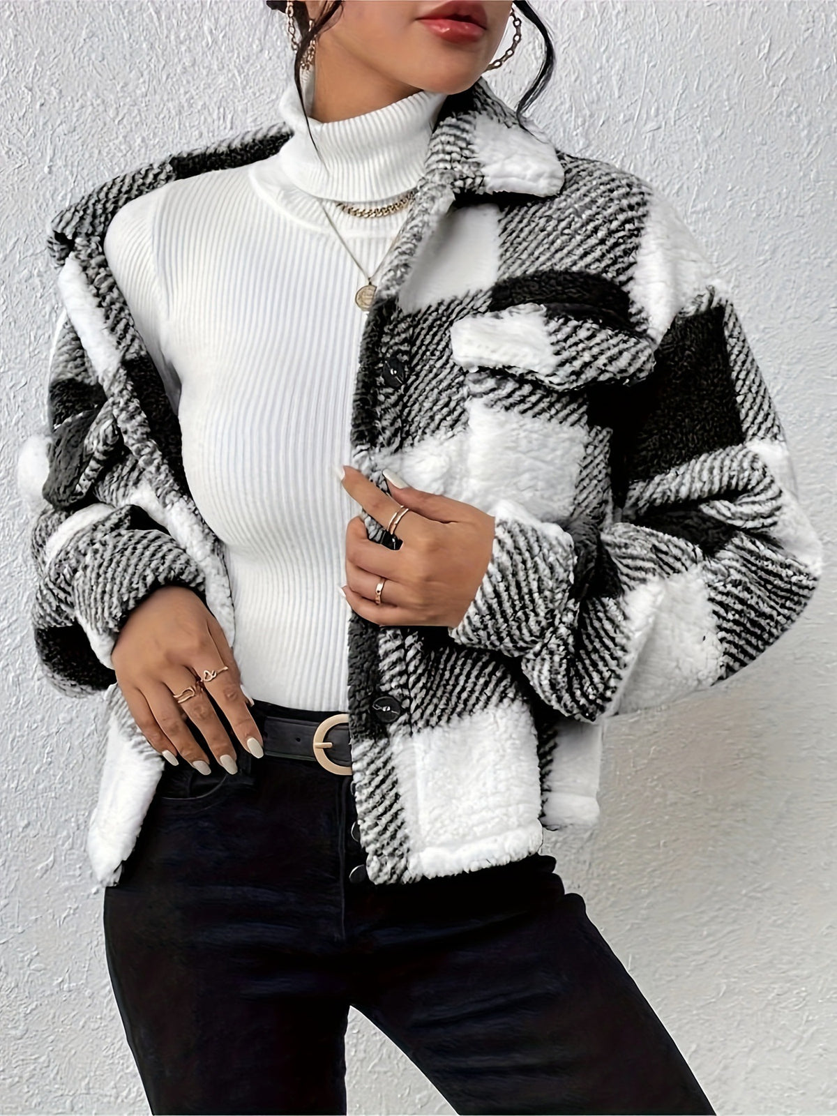 Buffalo Check Plush Button Front Coat - Black - 1