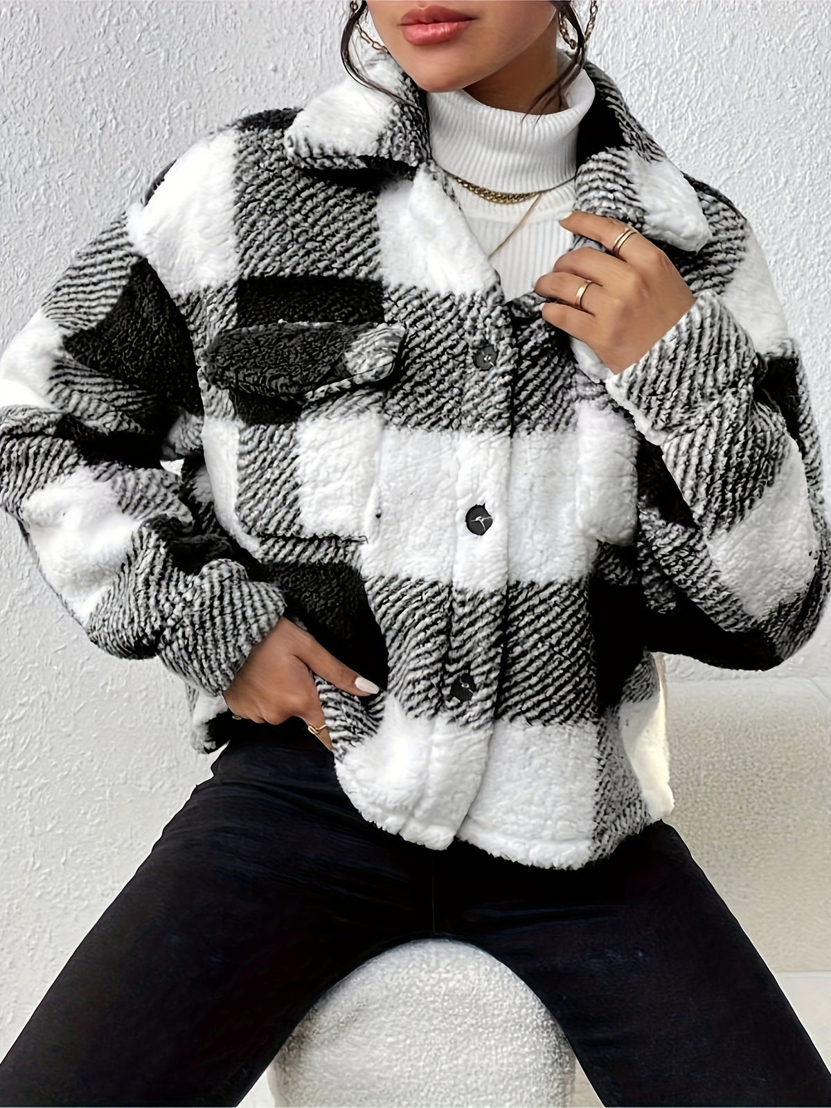 Buffalo Check Plush Button Front Coat - Black - 2