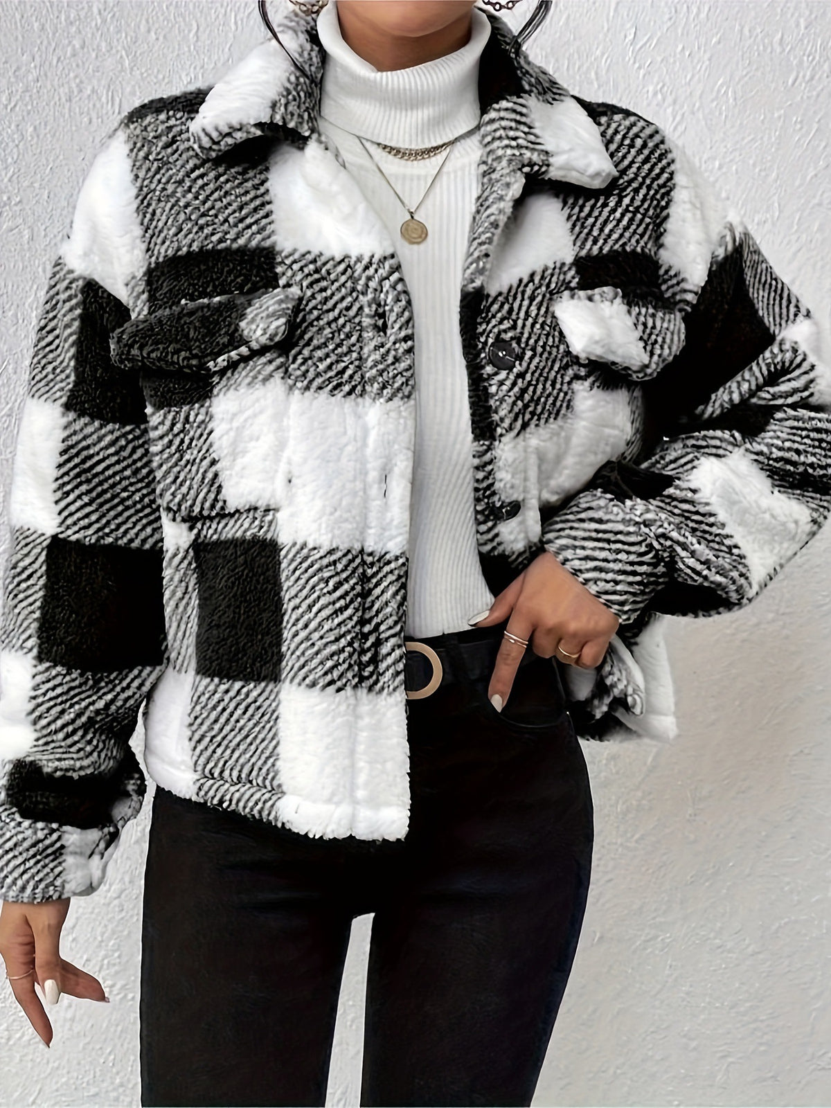 Buffalo Check Plush Button Front Coat - Black - 3