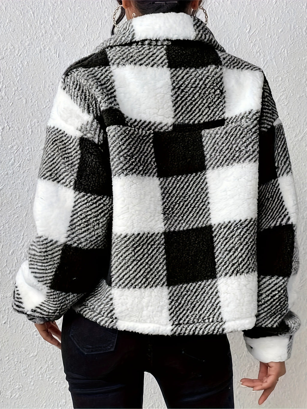 Buffalo Check Plush Button Front Coat - Black - 4