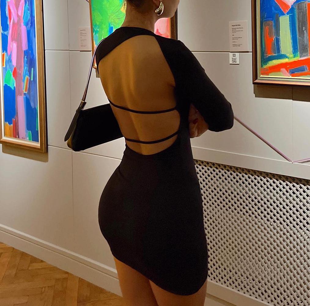 Open Back Long Sleeve Bodycon Mini Dress - Black - 5