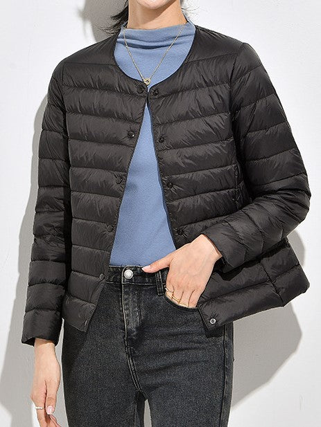 Collarless Lightweight Down Puffer Jacket - Black