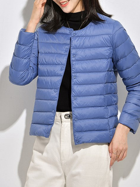 Collarless Lightweight Down Puffer Jacket - Blue