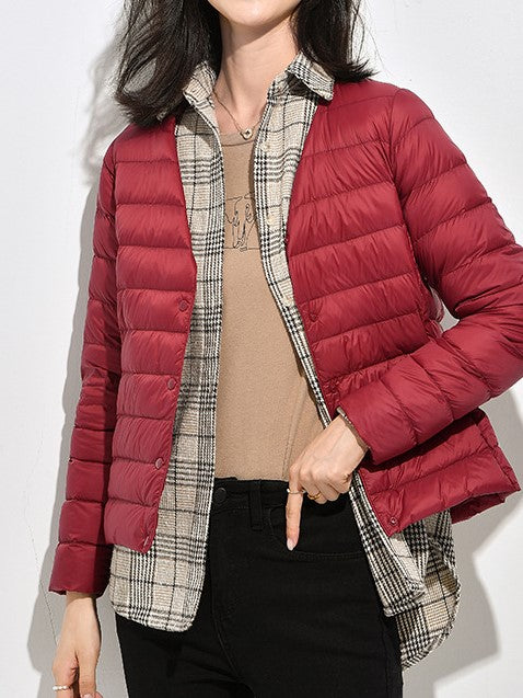 Collarless Lightweight Down Puffer Jacket - Burgundy