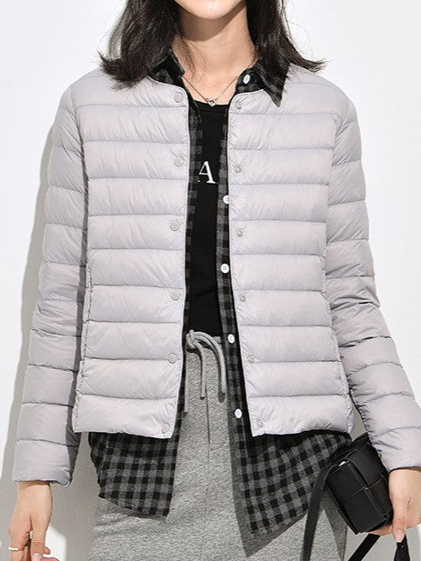 Collarless Lightweight Down Puffer Jacket - Grey