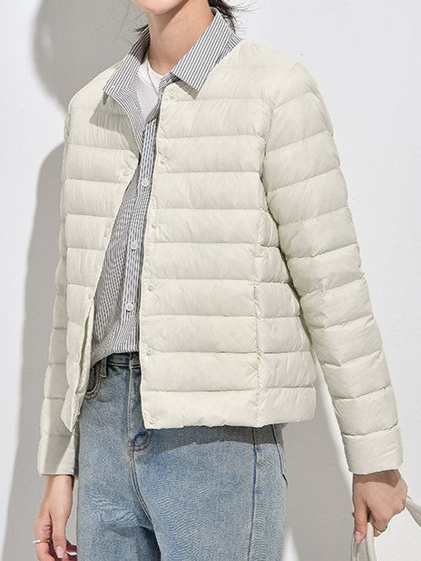 Collarless Lightweight Down Puffer Jacket - Offwhite