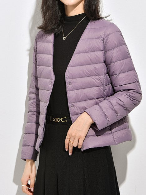 Collarless Lightweight Down Puffer Jacket - Purple