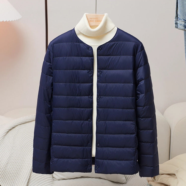 Collarless Lightweight Down Puffer Jacket - navy