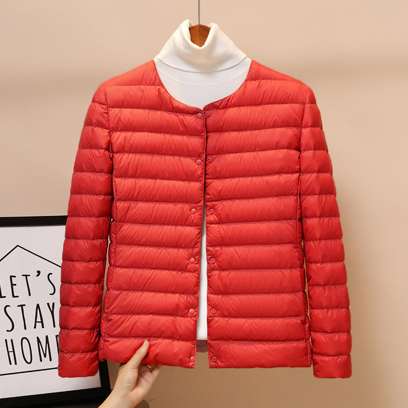Collarless Lightweight Down Puffer Jacket - scarlet