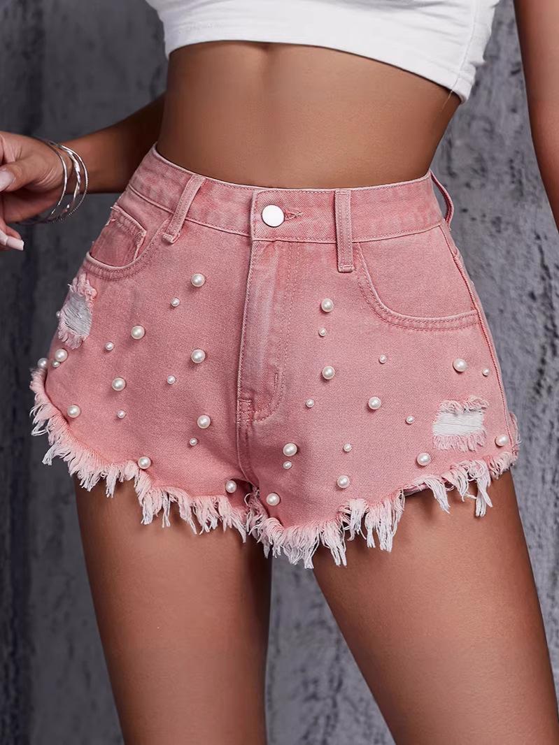 Pearl Studded Distressed Denim Hot Shorts - Pink