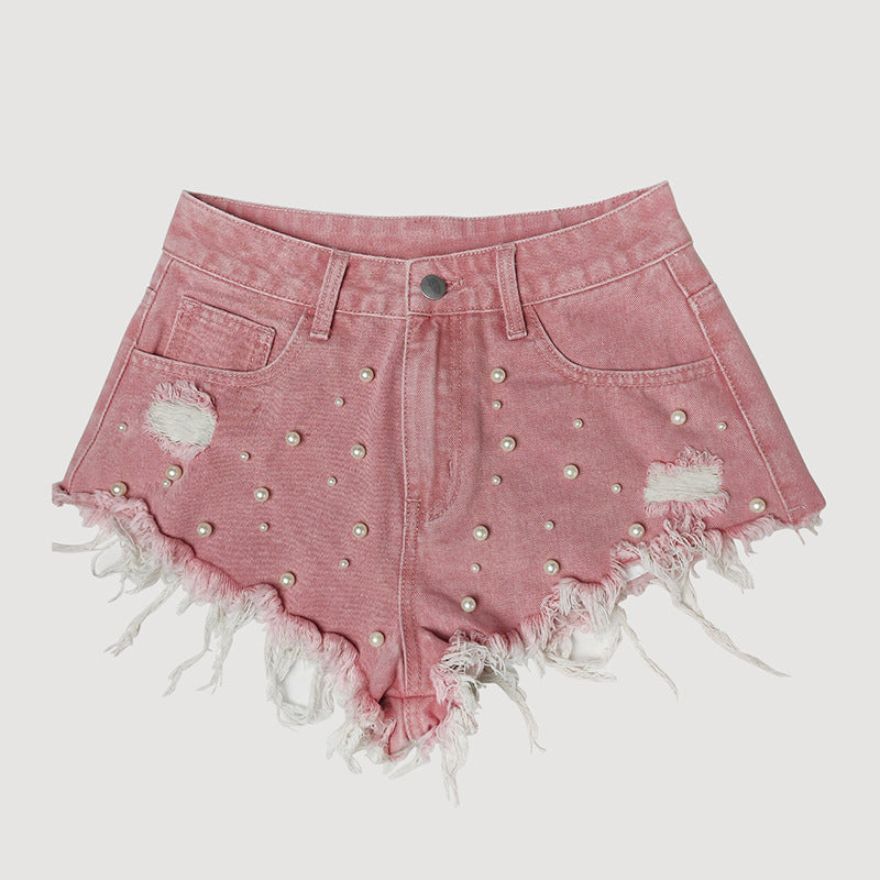 Pearl Studded Distressed Denim Hot Shorts - Pink - 1