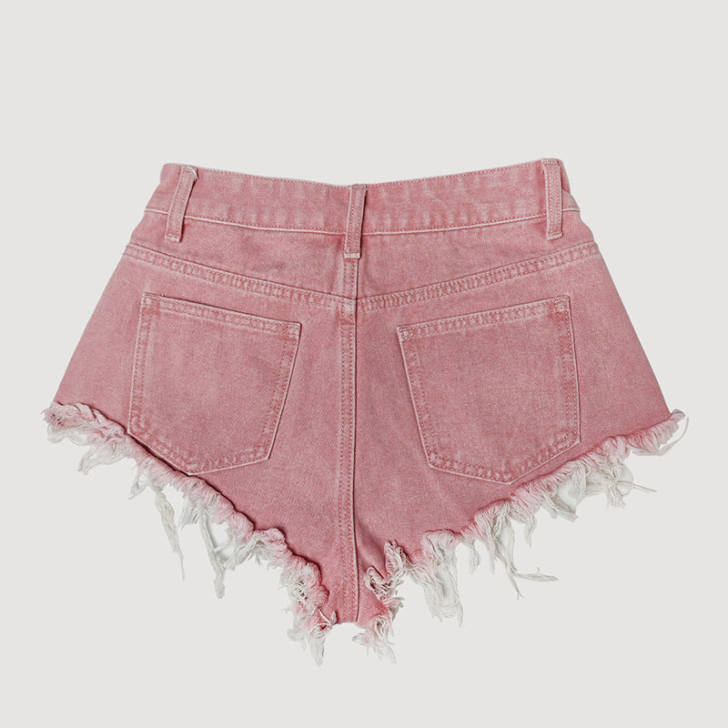 Pearl Studded Distressed Denim Hot Shorts - Pink - 2