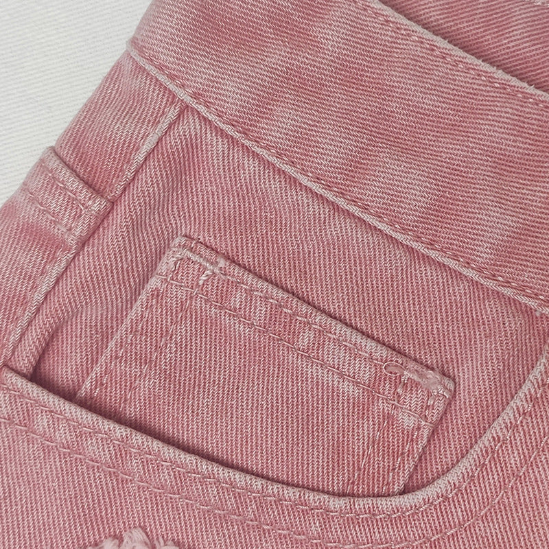 Pearl Studded Distressed Denim Hot Shorts - Pink - 4