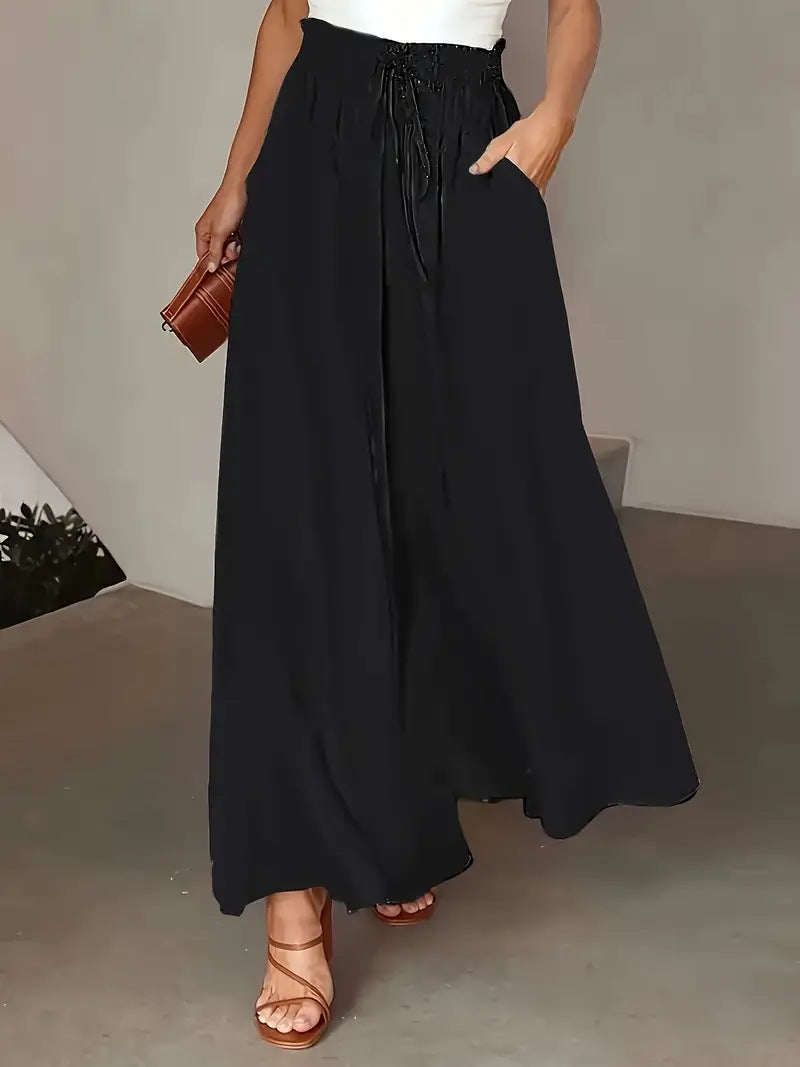 Tie Waist Flowy Wide Leg Palazzo Pants - Black01