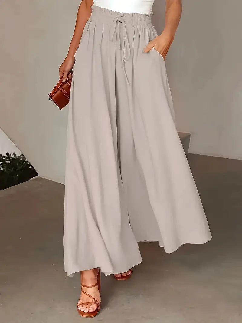 Tie Waist Flowy Wide Leg Palazzo Pants - Gray