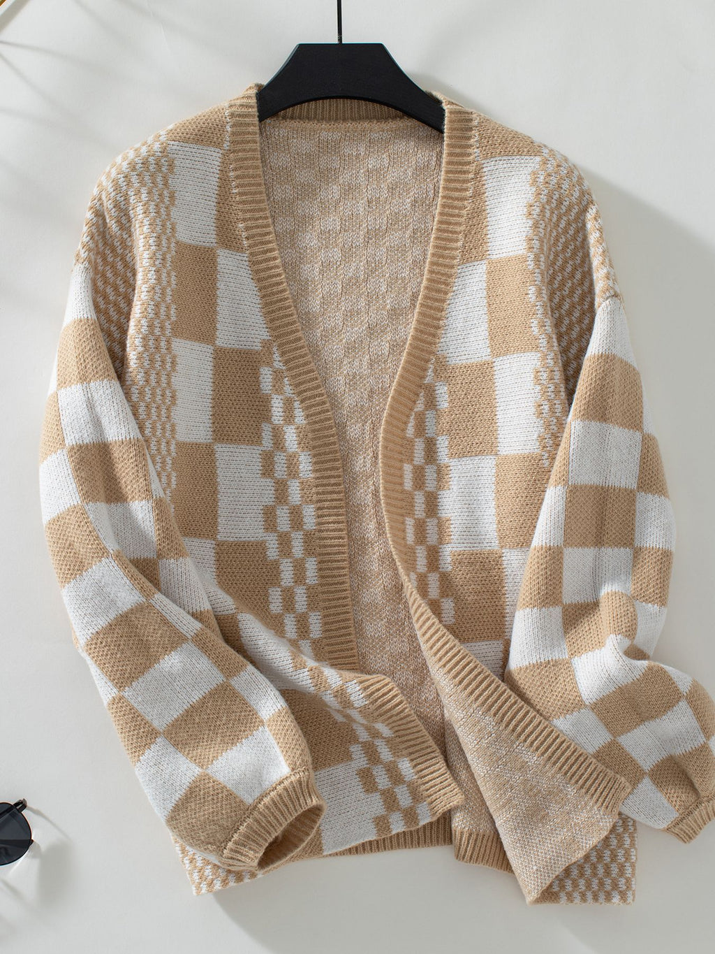 Checkerboard Knit Open Front Balloon Sleeve Cardigan - Khaki
