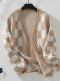 Checkerboard Knit Open Front Balloon Sleeve Cardigan - Khaki