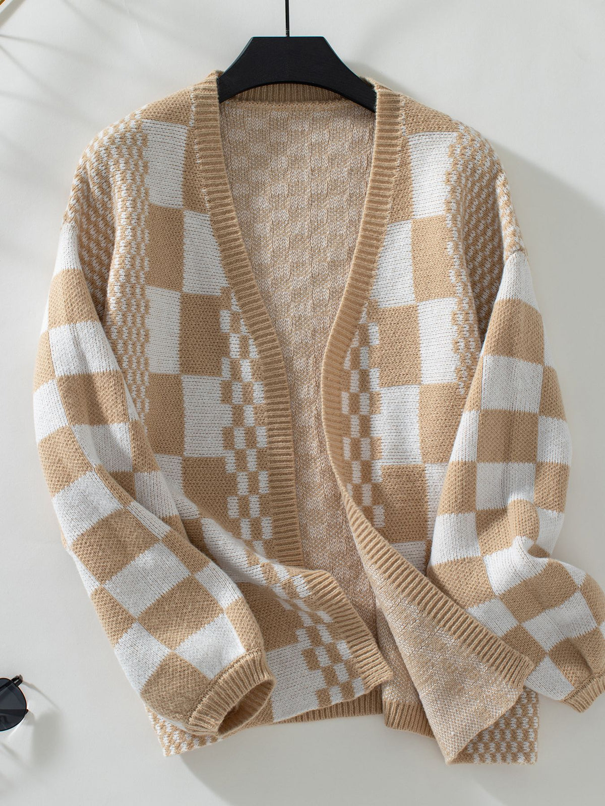 Checkerboard Knit Open Front Balloon Sleeve Cardigan - Khaki