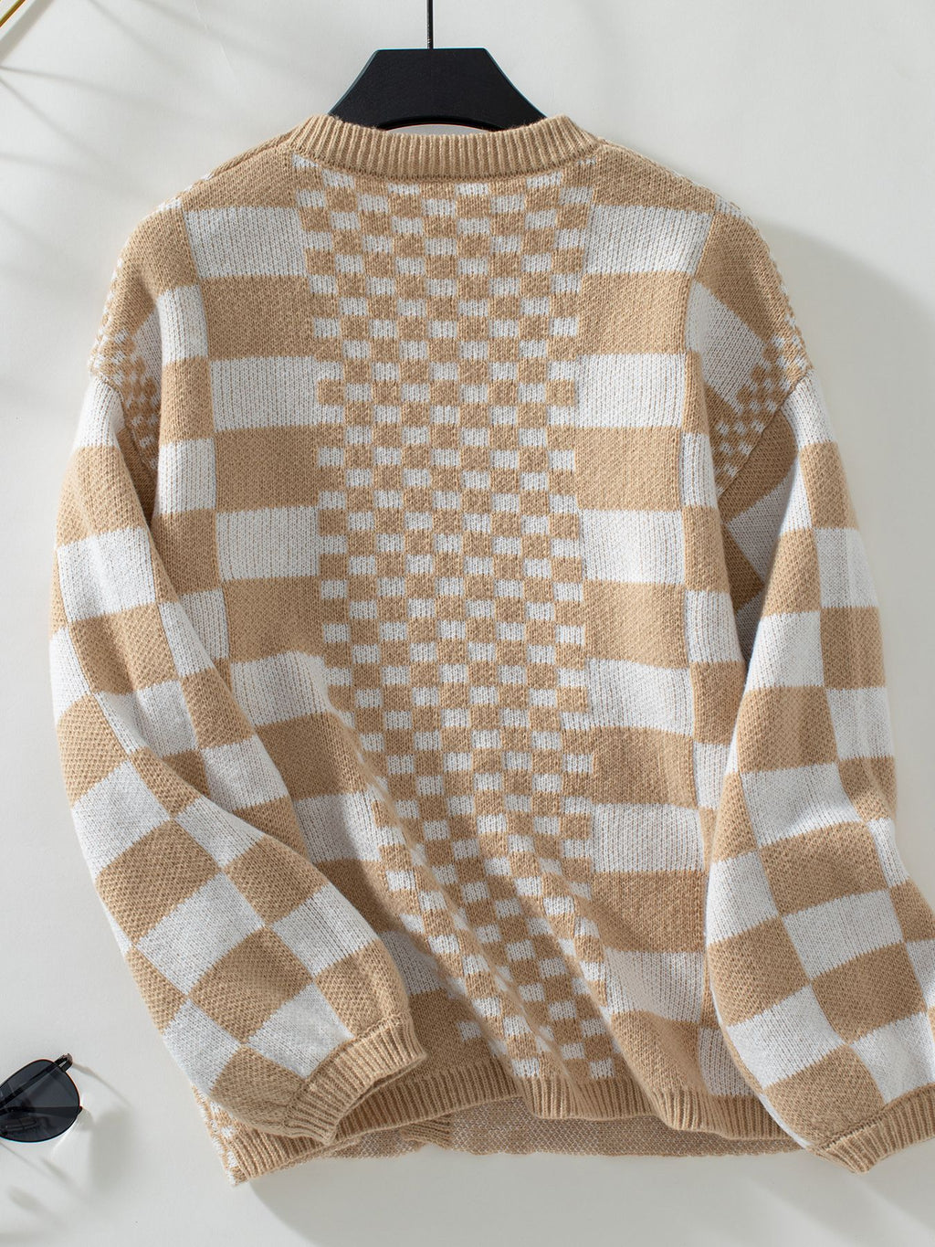 Checkerboard Knit Open Front Balloon Sleeve Cardigan - Khaki - 1